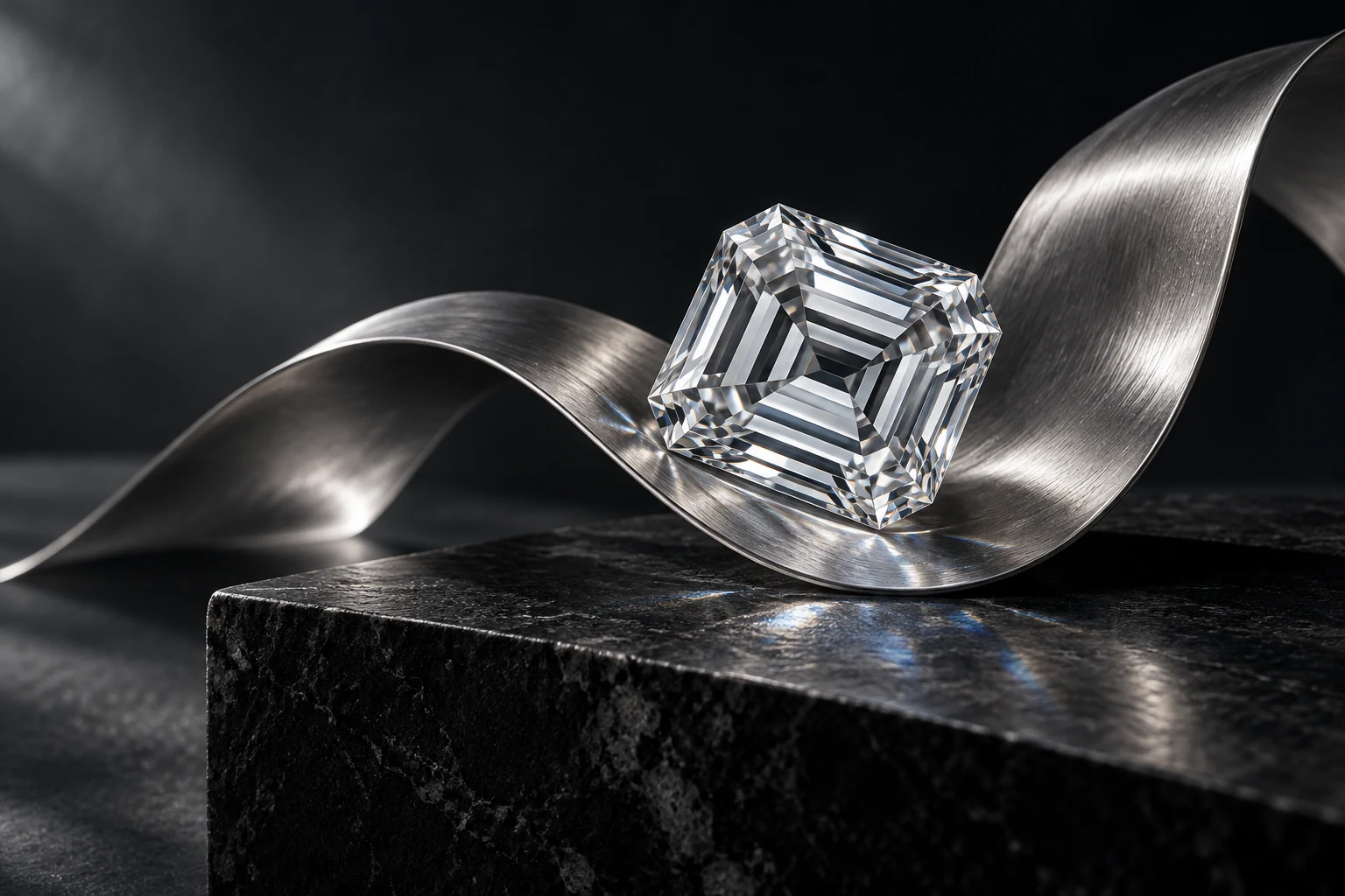 Concept artwork of an emerald-cut diamond on sculptural platinum above black stone