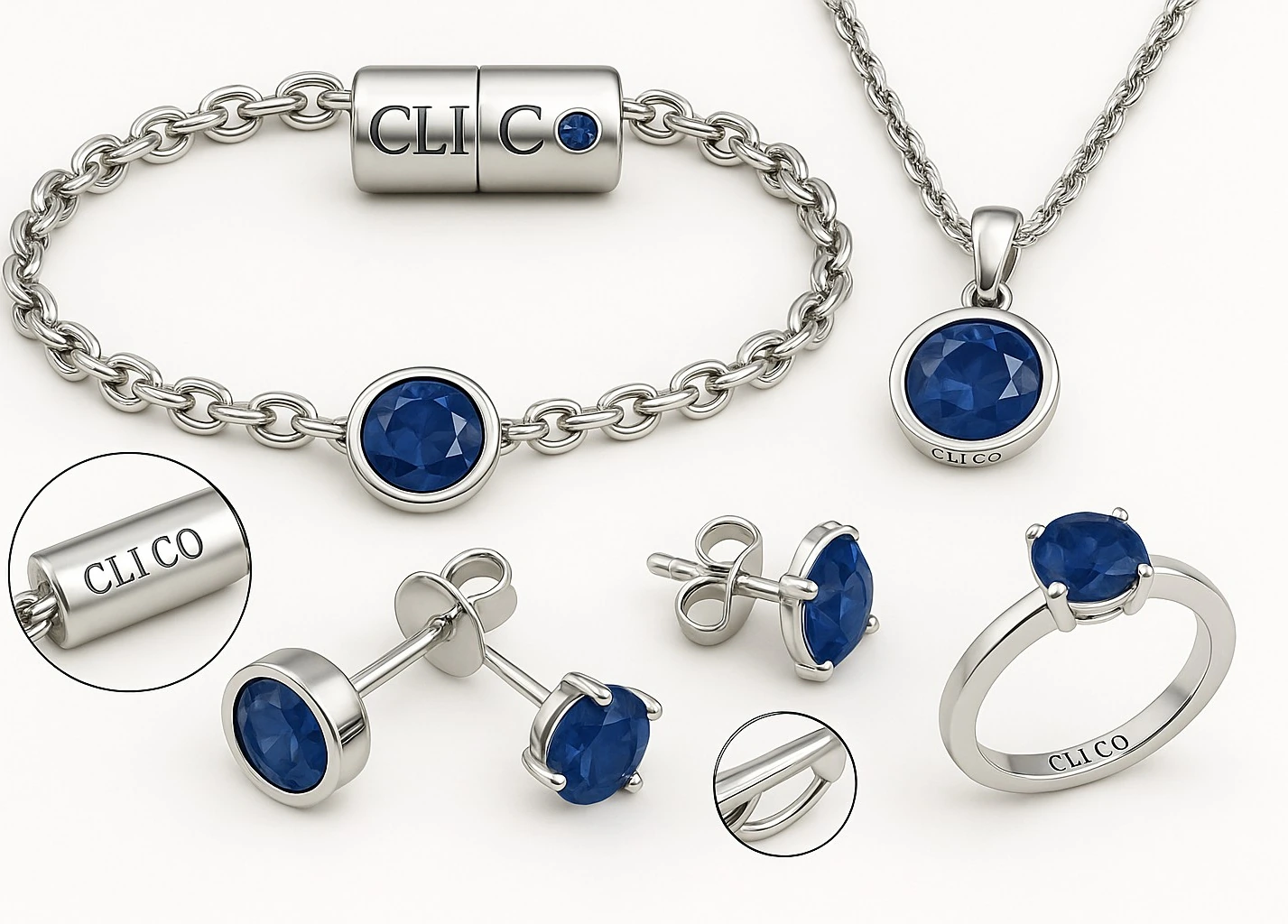 Historical CLICO blue-stone jewelry set with bracelet, necklace, earrings and ring