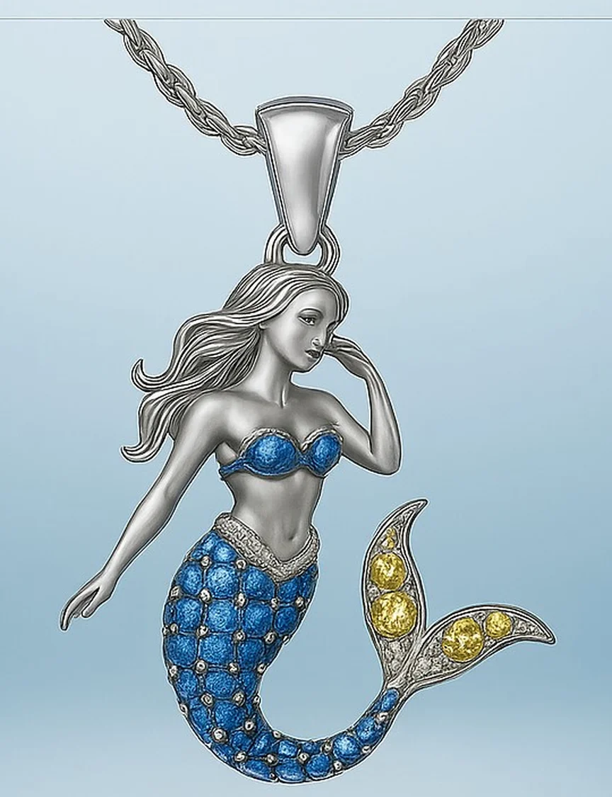 Historical Mary the Mermaid pendant concept with blue and yellow stone details